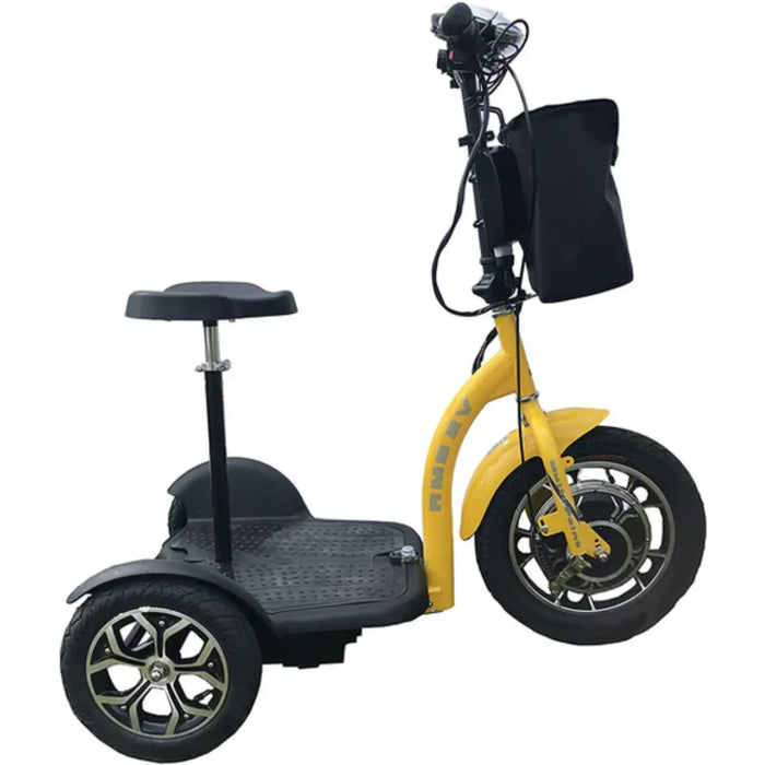 Yellow RMB Multi-Point QR Quick-Release Folding Mobility Scooter right side view with front storage bag