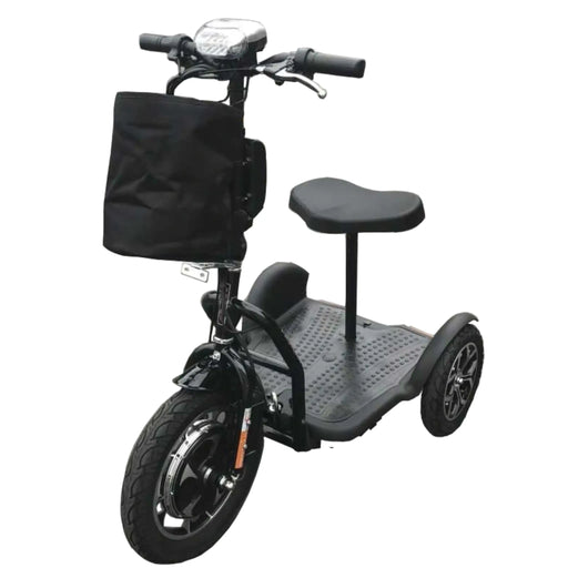 Black RMB Protean Folding 3-Wheel Mobility Scooter front left view with storage bag
