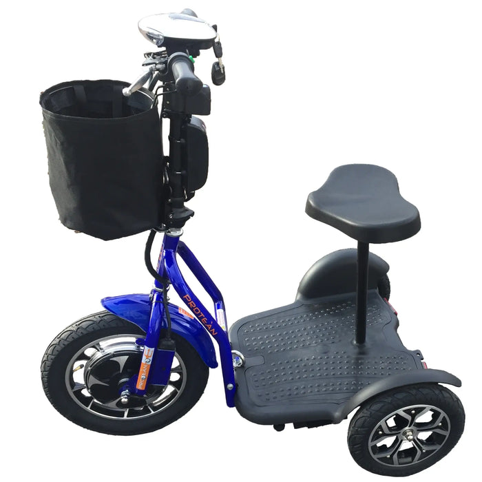 Blue RMB Protean Folding 3-Wheel Mobility Scooter side view with storage bag
