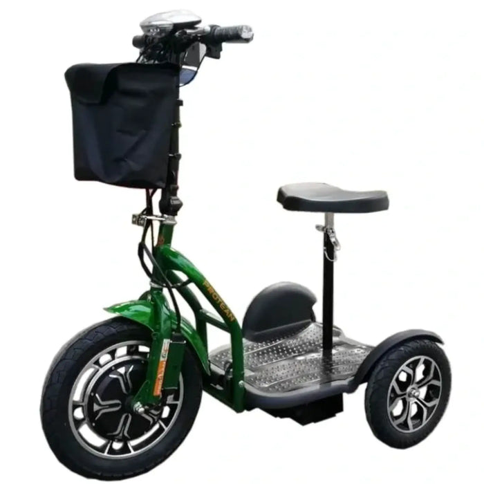 Green RMB Protean Folding 3-Wheel Mobility Scooter front left view with storage bag