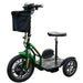 Green RMB Protean Folding 3-Wheel Mobility Scooter front left view with storage bag
