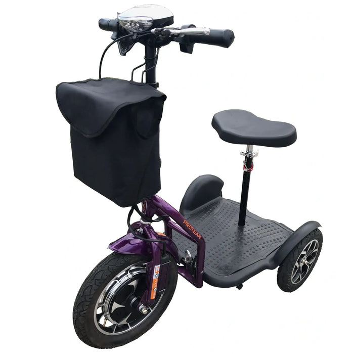 Purple RMB Protean Folding 3-Wheel Mobility Scooter front left view with storage bag