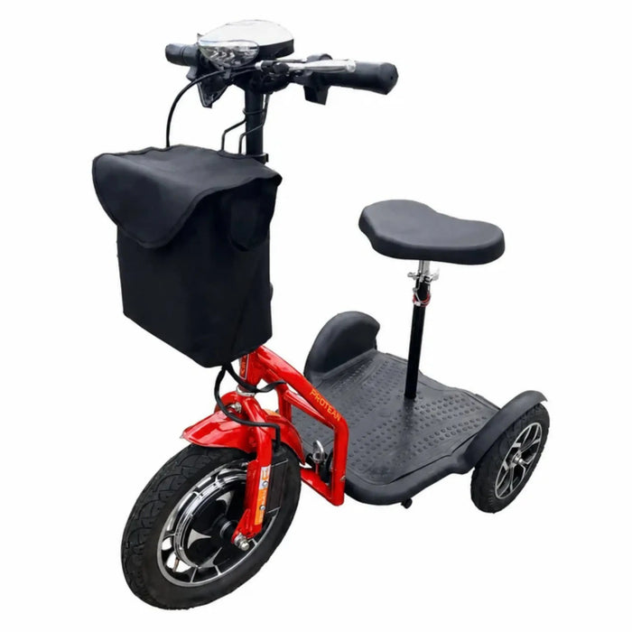 Red RMB Protean Folding 3-Wheel Mobility Scooter front left view with storage bag