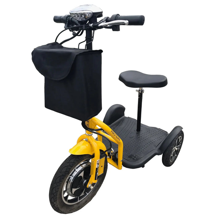 Yellow RMB Protean Folding 3-Wheel Mobility Scooter front left view with storage bag