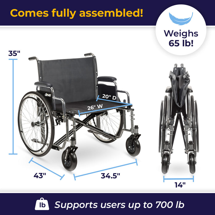 Sentra EC Extra Wide Wheelchair, Desk Arms, 30" Seat, Full and Folded Dimensions