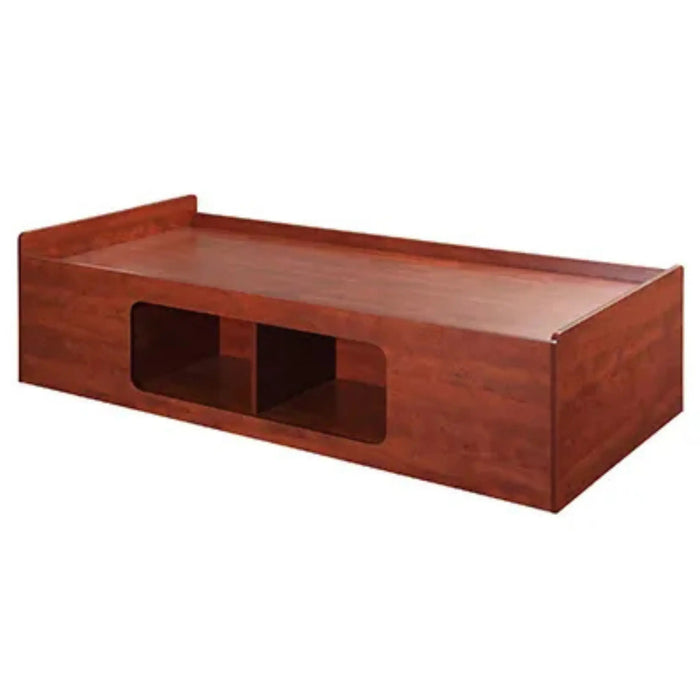 Serenica recessed platform bed with open storage compartments in cherry finish for behavioral health facilities