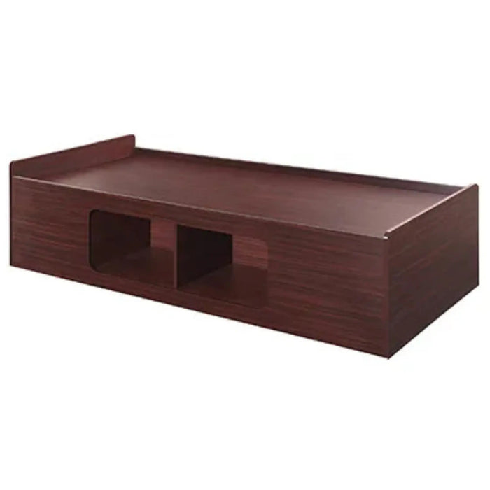 Serenica recessed platform bed with open storage compartments in mahogany finish for behavioral health facilities