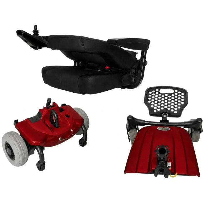 Shoprider Jimmie powerchair disassembled into three parts.