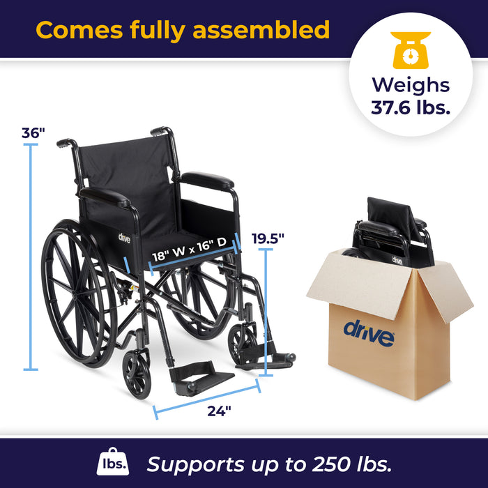 Silver Sport 1 Wheelchair, Non Removable Fixed Arms, 18" Seat, Dimensions