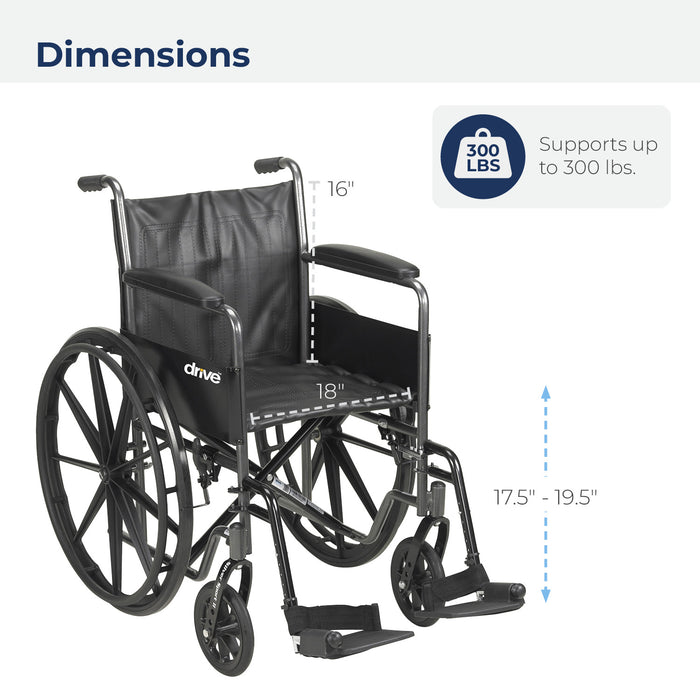 Silver Sport 2 Wheelchair, Non Removable Fixed Arms, Swing-Away Footrests, 18" Seat Dimensions