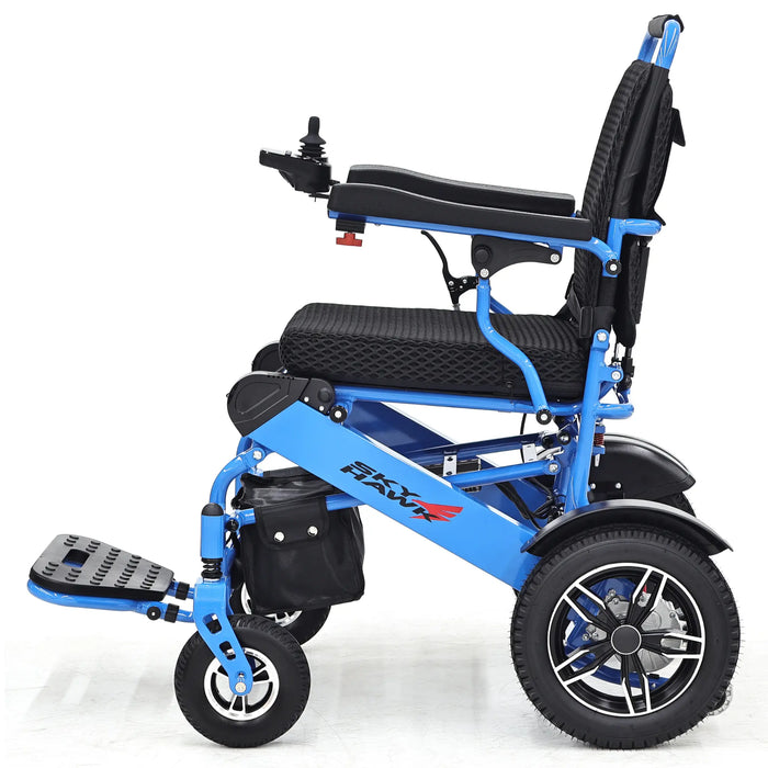 Elevate Home Mobility Sky Hawk blue motorized wheelchair side view