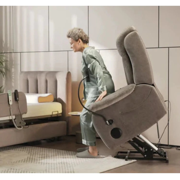 Side view of StarSleep Starise lift chair tilting forward to assist user standing, showing lift mechanism
