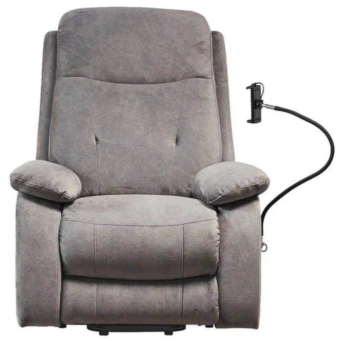 Gray StarSleep Starise zero gravity lift chair with massage, front view with padded armrests and attached phone holder