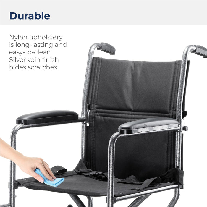 Steel Transport Chair, 19 Inch Seat, Caster Wheels