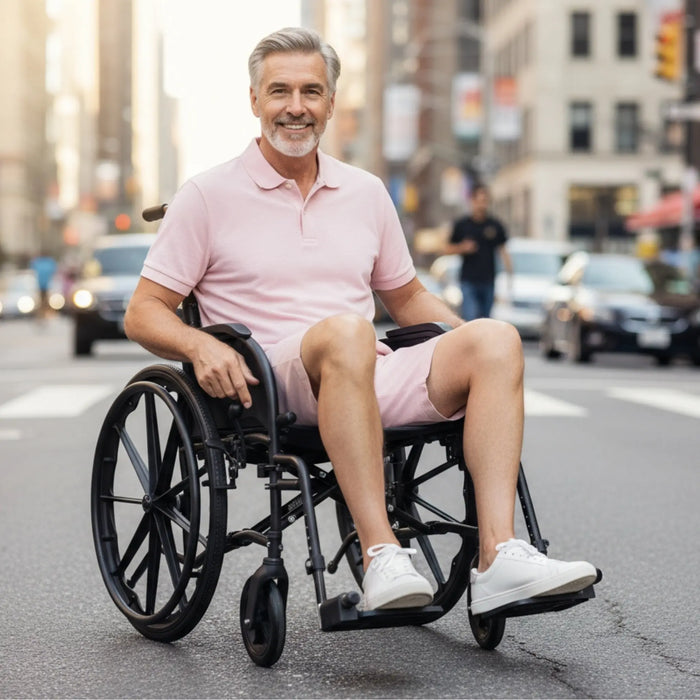 Strongback ErgoSteel folding wheelchair outdoors