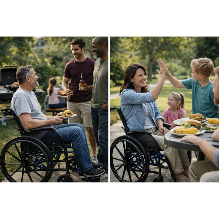 Strongback ErgoSteel wheelchair at family gathering