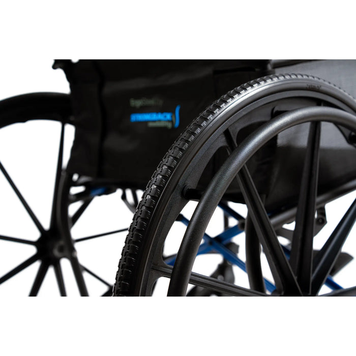 Strongback ErgoSteel wheelchair rear wheel close-up