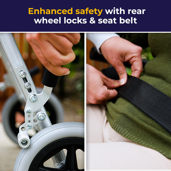 Super Light Transport Chair, Rear Wheel Lock, and Seat Belt