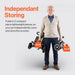 Man holding a folded scooter with weight indicators, text about independent storing. Superhandy Passport Flex