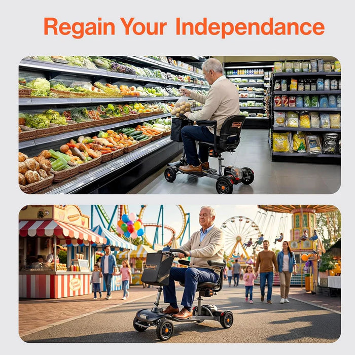 Man using a mobility scooter in a grocery store and amusement park with text 'Regain Your Independence'. SuperHandy Flex