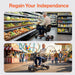 Man using a mobility scooter in a grocery store and amusement park with text 'Regain Your Independence'. SuperHandy Flex