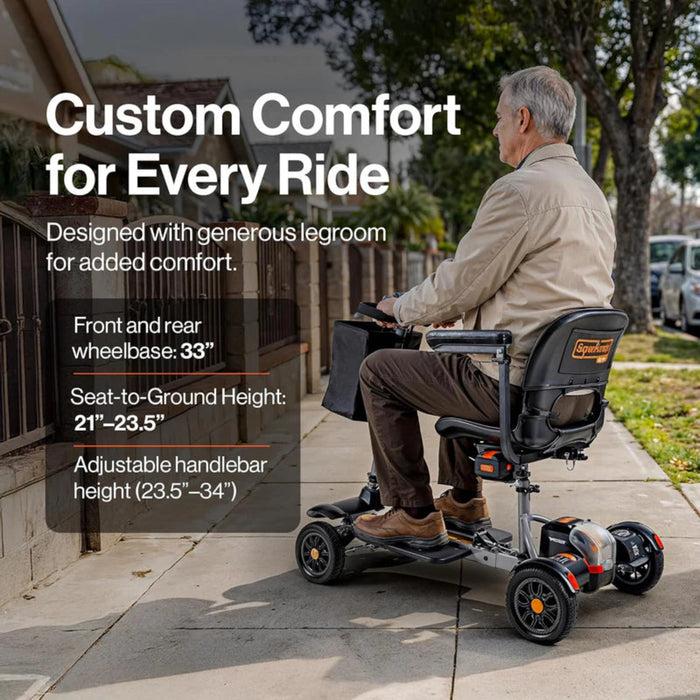 Man using a Superhandy Flex mobility scooter with text highlighting features on a sidewalk.