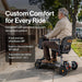 Man using a Superhandy Flex mobility scooter with text highlighting features on a sidewalk.