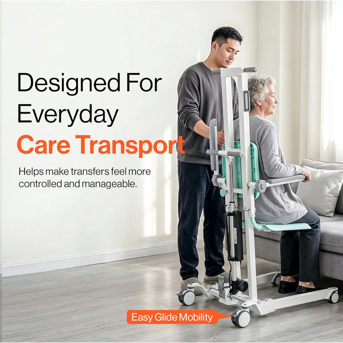 Caregiver assisting seated elderly user with SuperHandy transfer floor lift for controlled movement