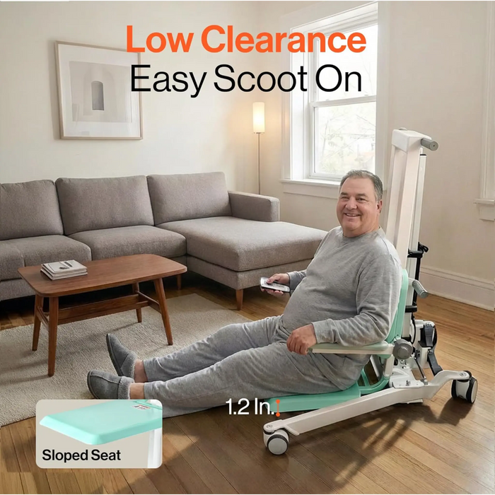 User seated on SuperHandy transfer lift with low clearance base and sloped seat for easy scoot-on access