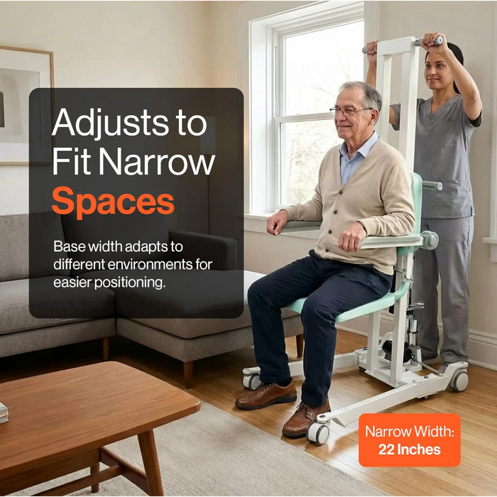SuperHandy transfer lift adjusted to narrow width assisting seated user in a tight living room space