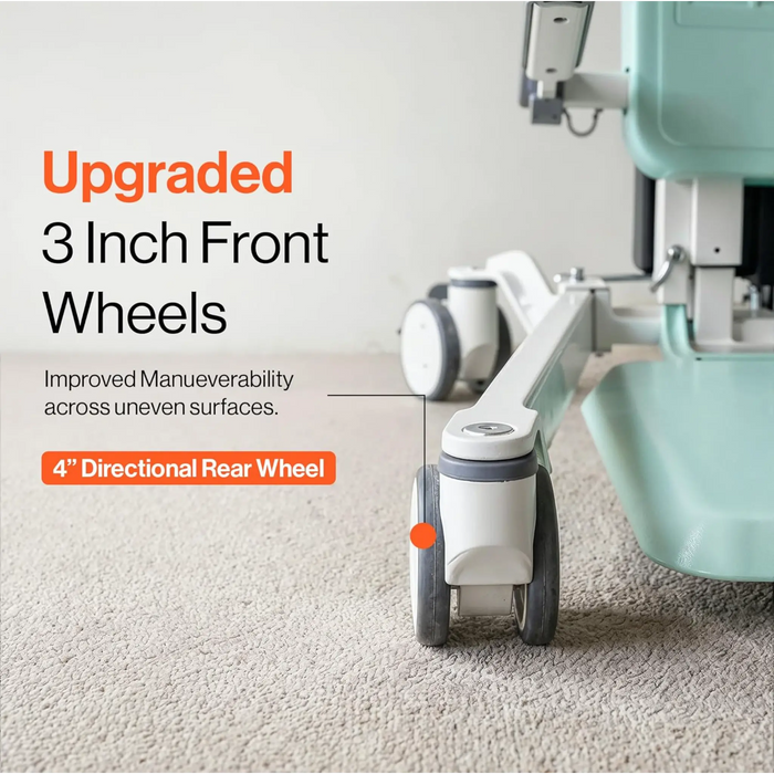 Close-up of SuperHandy transfer lift wheels showing larger front casters for improved maneuverability