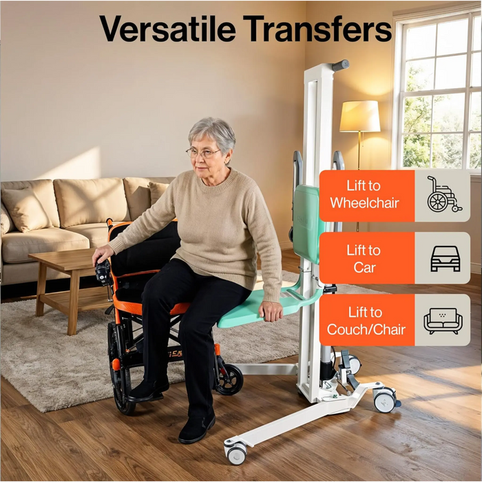 Elderly woman using SuperHandy transfer floor lift to move from wheelchair to seat for assisted transfer