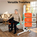 Elderly woman using SuperHandy transfer floor lift to move from wheelchair to seat for assisted transfer