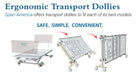 Ergonomic transport dollies with text highlighting safety, simplicity, and convenience.