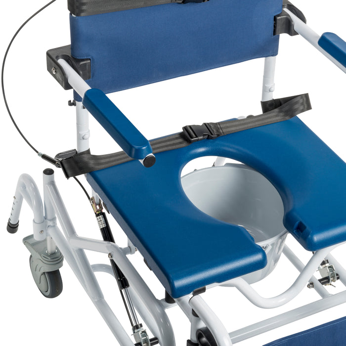 Tilting shower commode chair seat