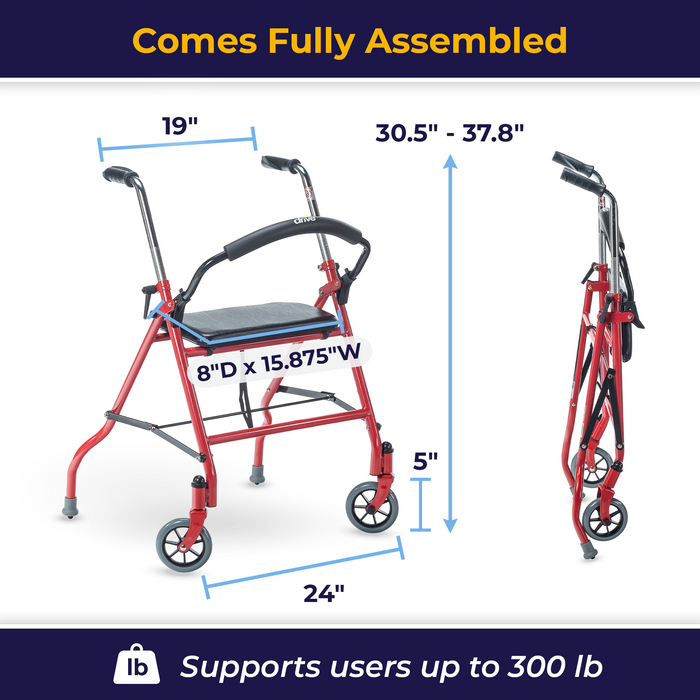 Two Wheeled Walker with Seat, Red, Swivel Wheel Detail