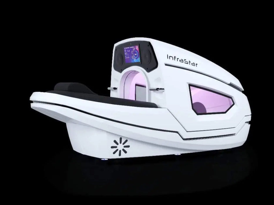 White and black device with purple accents on a black background  vacuactivus-infrastar
