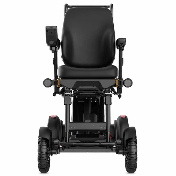 Front view of the XSTO M4 Pro Smart Electric Wheelchair featuring a supportive ergonomic seat, integrated lighting, and stable four-wheel mobility platform.