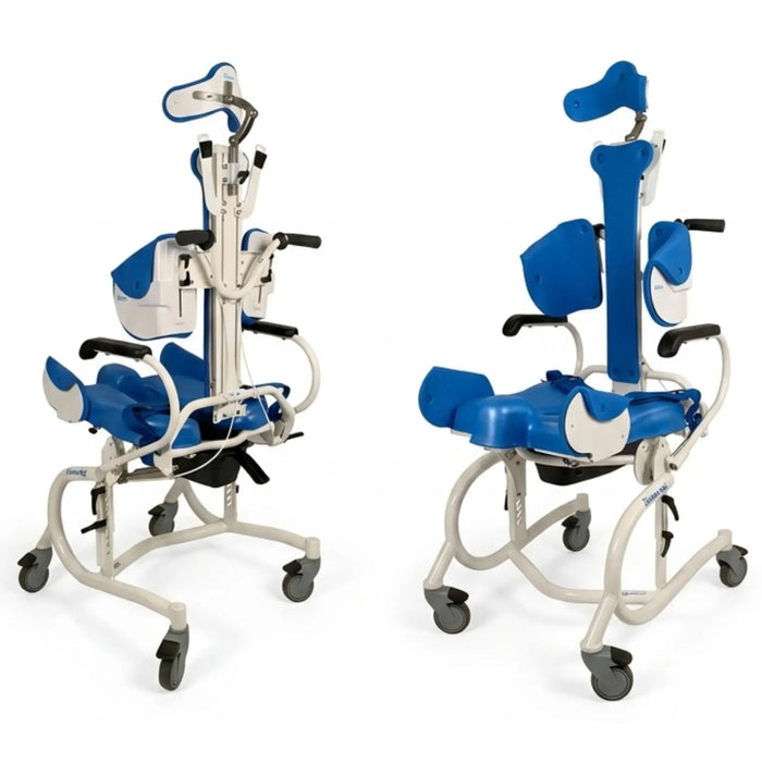 Front and rear angled views of Zitzi Starfish Pro combined toilet and shower chair with adjustable blue support cushions, headrest, armrests, and caster wheels.