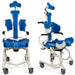 Front and side views of Zitzi Starfish Pro all-size combined toilet and shower chair featuring adjustable positioning supports, headrest, padded seat, armrests, and rolling chassis.