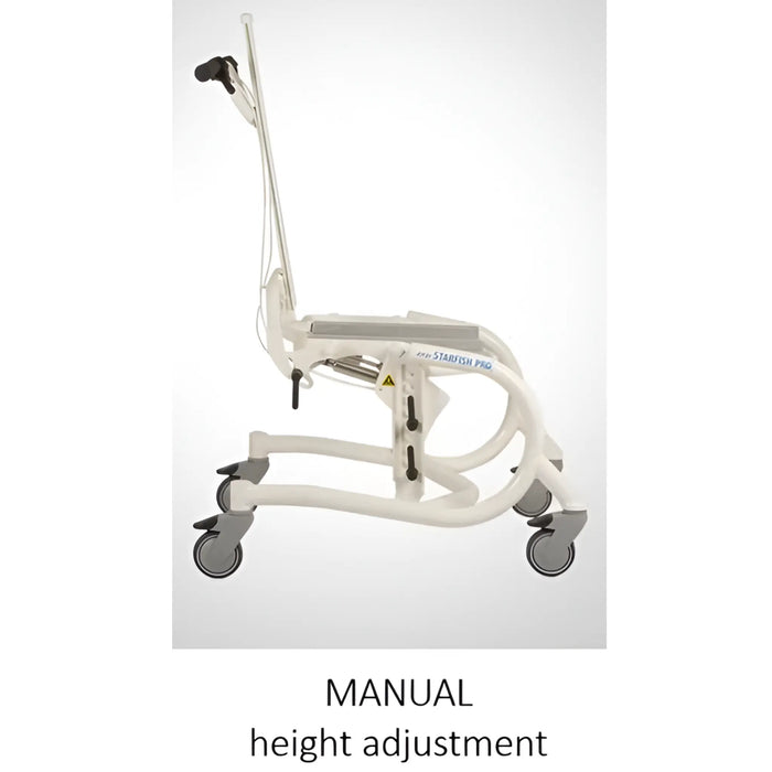 Side view of Zitzi Starfish Pro combined toilet and shower chair showing manual height adjustment chassis and rolling caster base.