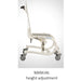 Side view of Zitzi Starfish Pro combined toilet and shower chair showing manual height adjustment chassis and rolling caster base.