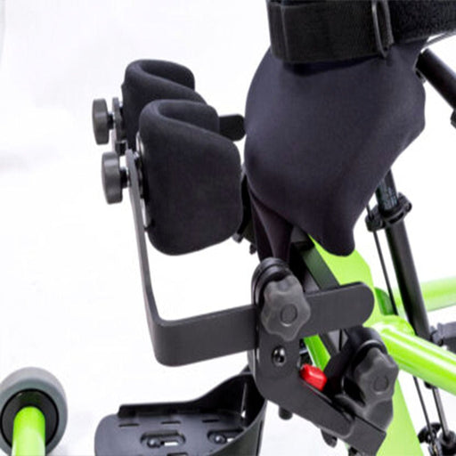 Push of a button swings knee pad away providing more room for transfers. Multi-adjustable knee pads are adjustable