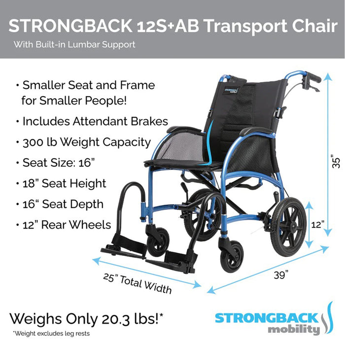 STRONGBACK 12S+AB Transport Wheelchair - Mobility Plus DirectTransport WheelchairsStrongback Mobility